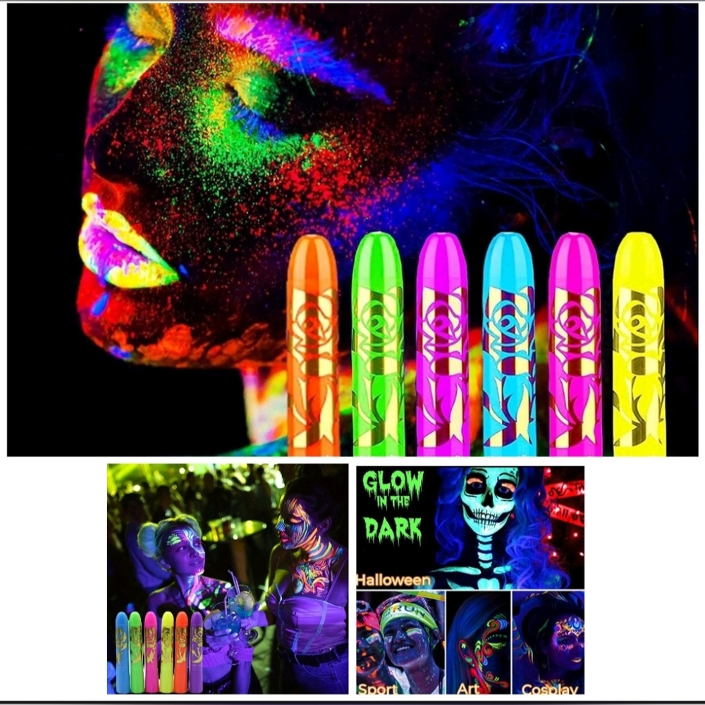 🍎 NIB 6 Neon Face Body Paint Glow in the Dark Makeup Crayon Pens UV Bright